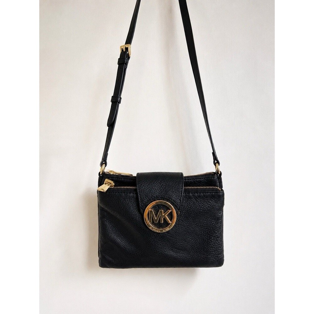 Michael Kors Black Pebbled Leather Crossbody Bag Gold MK Logo Purse